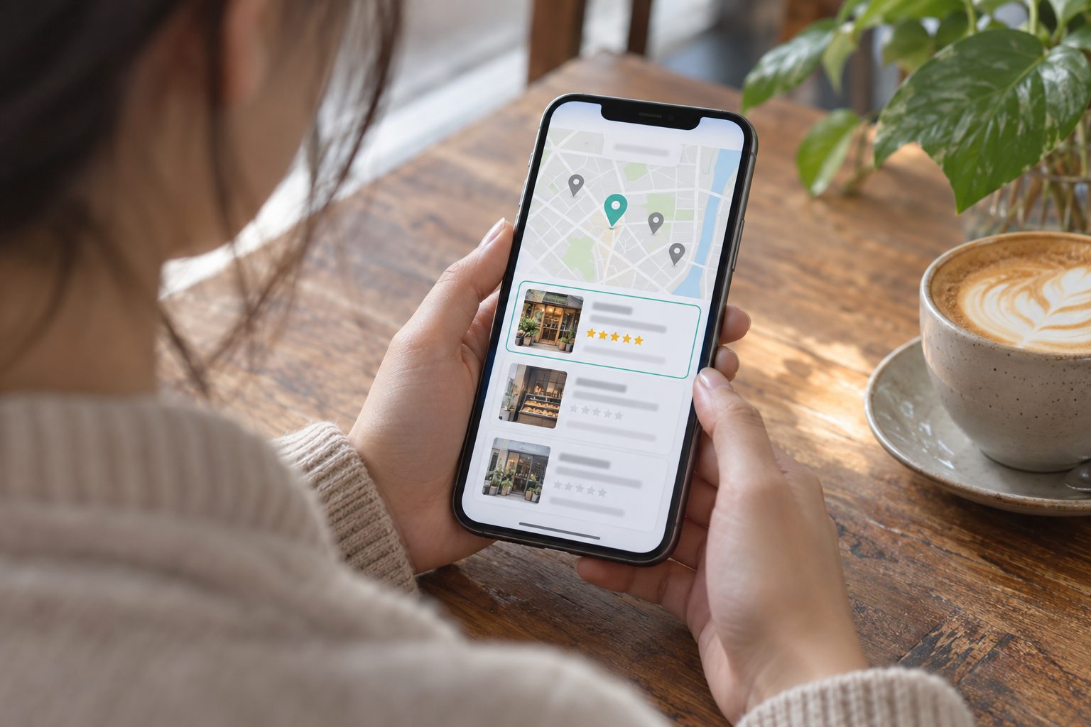 カフェのテーブルで、スマートフォンの地図アプリを見る人の手元。地図に並ぶお店のうち、クチコミの評価がついた1店が緑の枠で選ばれている