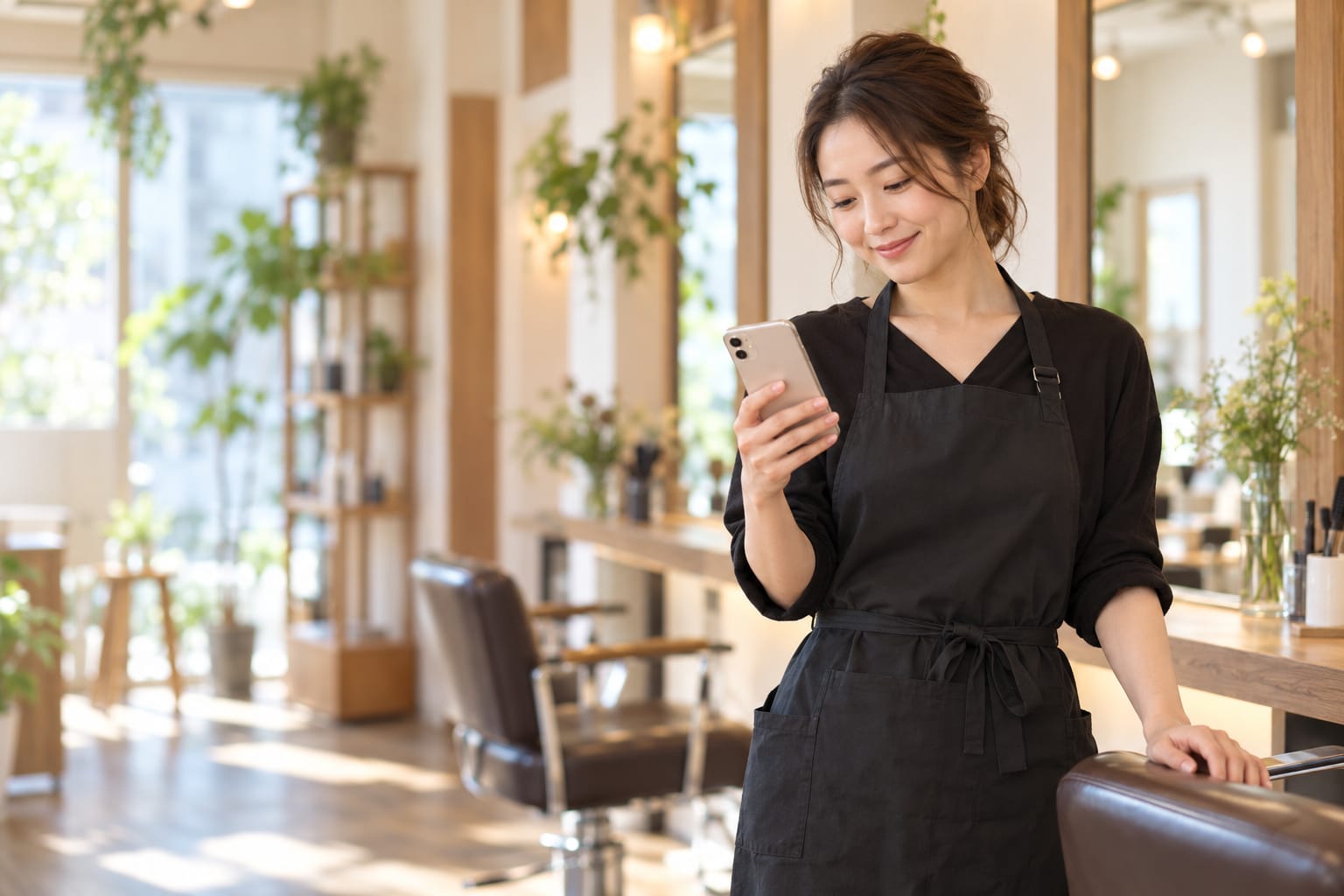 サロンで、施術の合間にスマートフォンを見てほほえむサロンオーナー