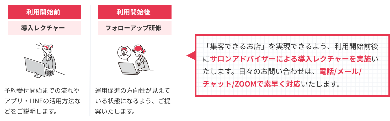 利用開始前「導入レクチャー」予約受付開始までの流れやアプリ・LINEの活用方法などをご説明します。利用開始後「フォローアップ研修」運用促進の方向性が見えている状態になるよう、ご提案いたします。｜「集客できるお店」を実現できるよう、利用開始前後にサロンアドバイザーによる導入レクチャーを実施いたします。日々のお問い合わせは、電話/メール/チャット/ZOOMで素早く対応いたします。